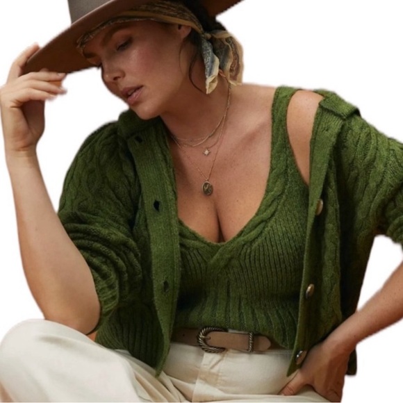 NWT Green Cable Knit Anthropologie Sweater Cropped Tank Top sz XL - Picture 4 of 9